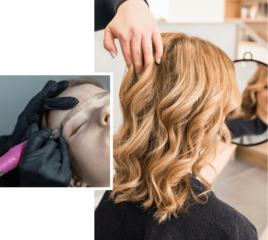 Hair styling and eyebrow drawing process.