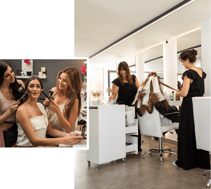 Women styling hair in a salon.