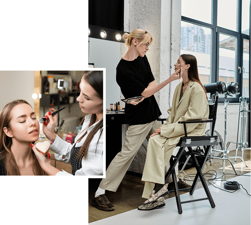 Makeup artists applying cosmetics to models.