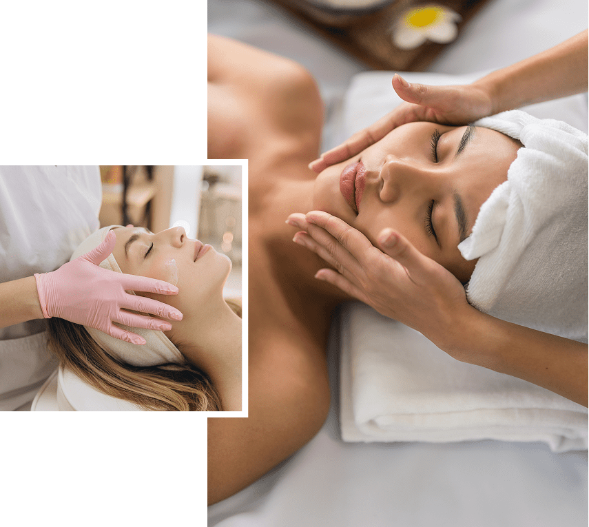Woman receiving relaxing facial massage at spa.
