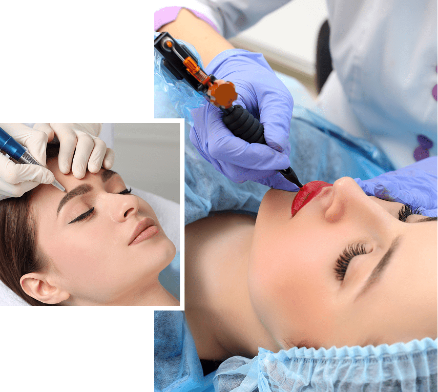 Woman receiving permanent makeup on lips, eyebrows.