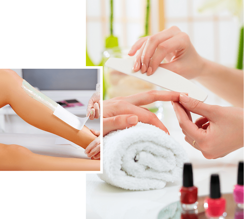Manicure and leg waxing in spa setting.