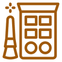 Makeup palette and brush icon in orange.